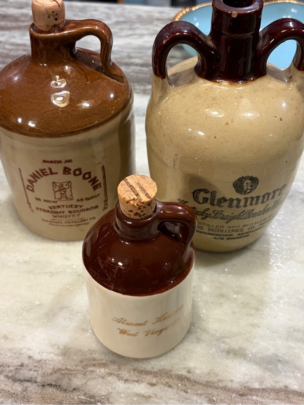 Three Two-Tone Ceramic Whiskey Jugs